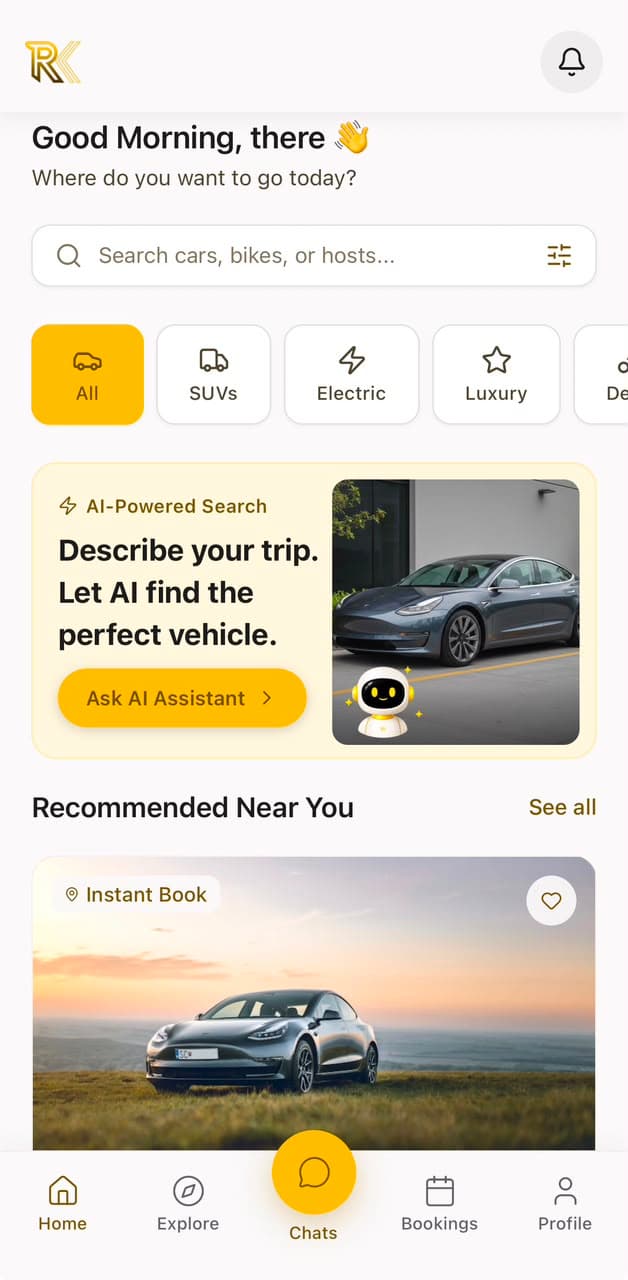 The Rentrik app home screen with AI-powered search